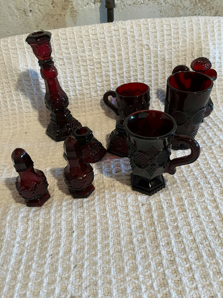 Cranberry red glassware collection (mugs, decanter/stand, and accessories) - image 1 of 1