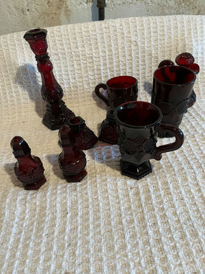Cranberry red glassware collection (mugs, decanter/stand, and accessories) - Image 1 of 1
