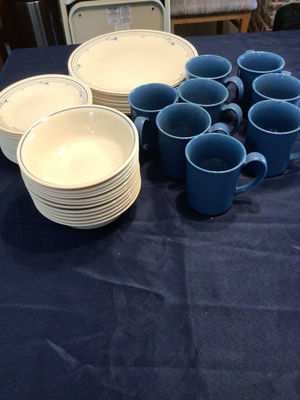 Corelli Blue Mugs and White Plates with Blue Trim - Image 1 of 4