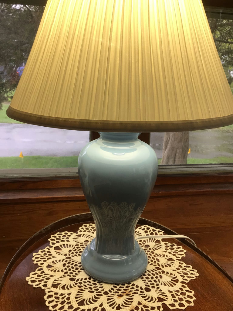 Blue ceramic table lamp with pleated shade - image 3 of 3