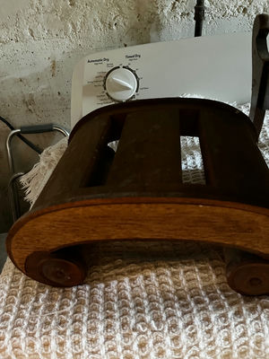 Vintage wooden foot stool and vintage footstool with floral upholstery - Image 1 of 2