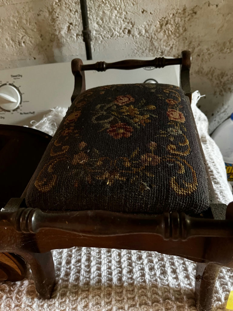 Vintage wooden foot stool and vintage footstool with floral upholstery - image 2 of 2