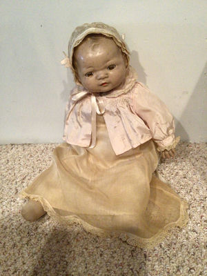 Vintage cloth doll in lace dress and bonnet - Image 1 of 2