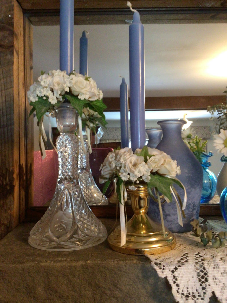 Blue Candles, Glass Vases, and Floral Arrangements on Lace Mantel - image 2 of 3