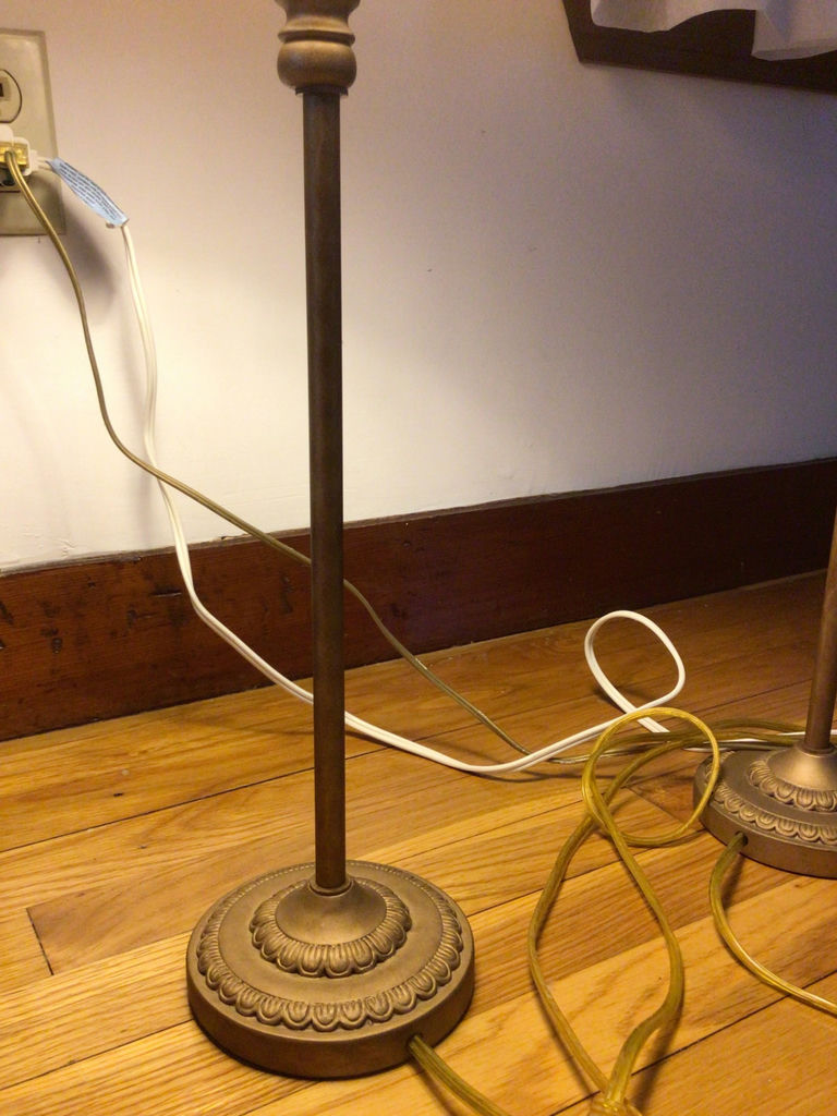 Pair of brass floor lamps with fabric shades - image 2 of 2