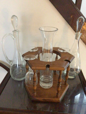 Glass decanter set with wooden stand - Image 1 of 2