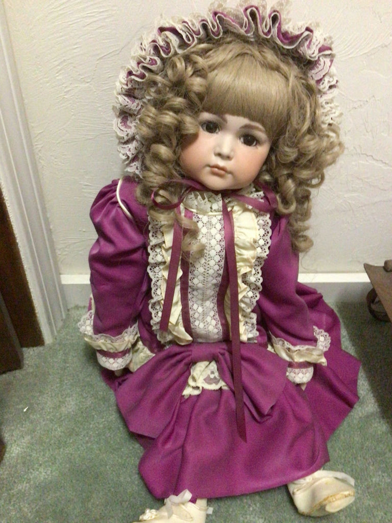 Purple Victorian-style doll in lace dress and bonnet - image 1 of 3