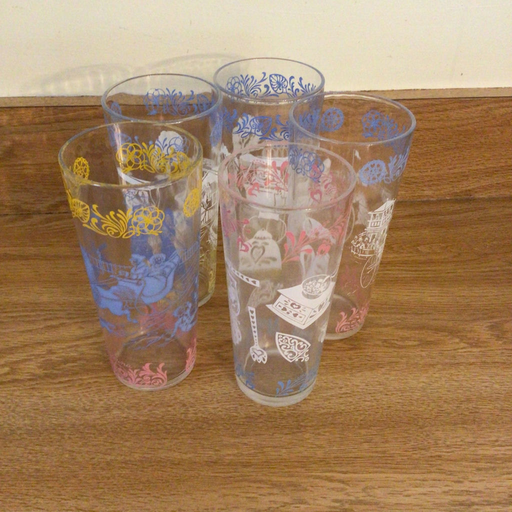 Six tall etched glass tumblers with colorful designs - image 1 of 2