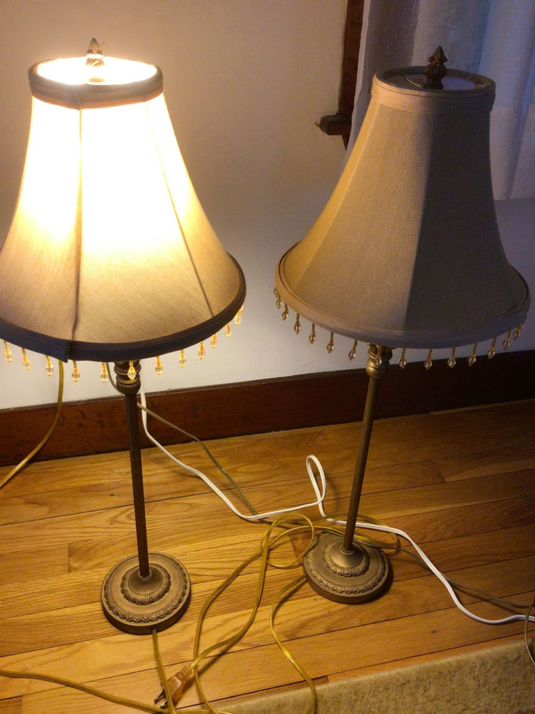 Pair of brass floor lamps with fabric shades - image 1 of 2
