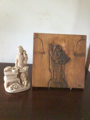 Willson Craft ceramic figurine with table scene and carved wooden panel - Image 1 of 5