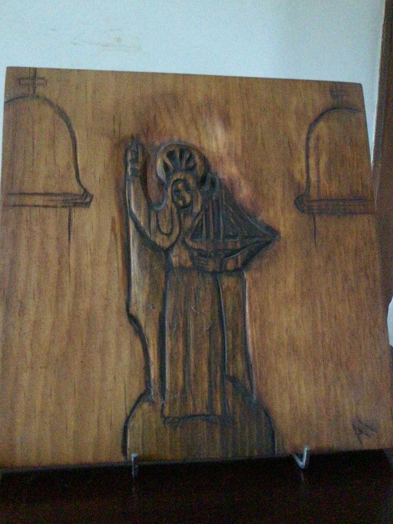 Willson Craft ceramic figurine with table scene and carved wooden panel - image 3 of 5