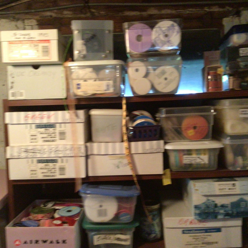 Shelf of assorted storage boxes and craft supplies - image 2 of 3