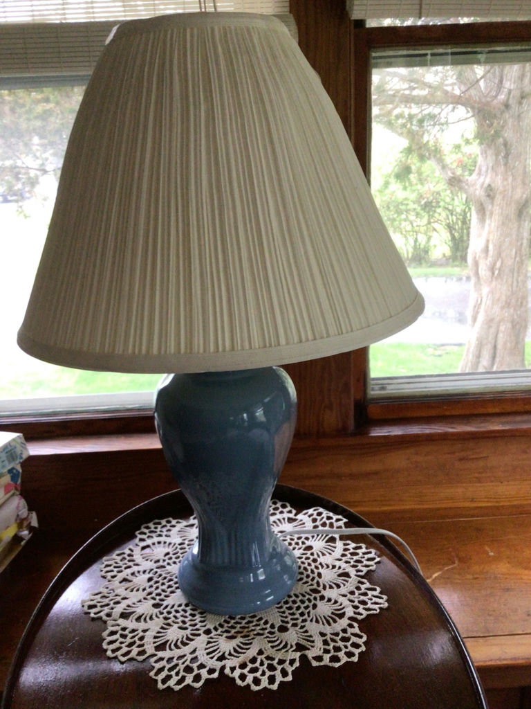 Blue ceramic table lamp with pleated shade - image 1 of 3