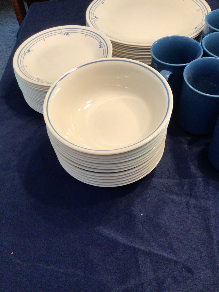 Corelli Blue Mugs and White Plates with Blue Trim - image 2 of 4