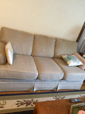 Light gray fabric sofa with two decorative pillows - Image 1 of 2