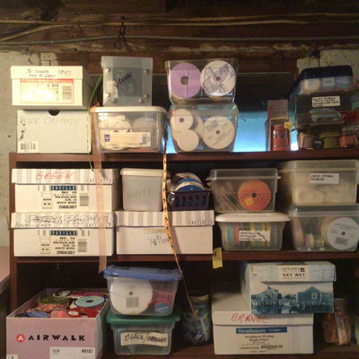 Shelf of assorted storage boxes and craft supplies - Image 1 of 3