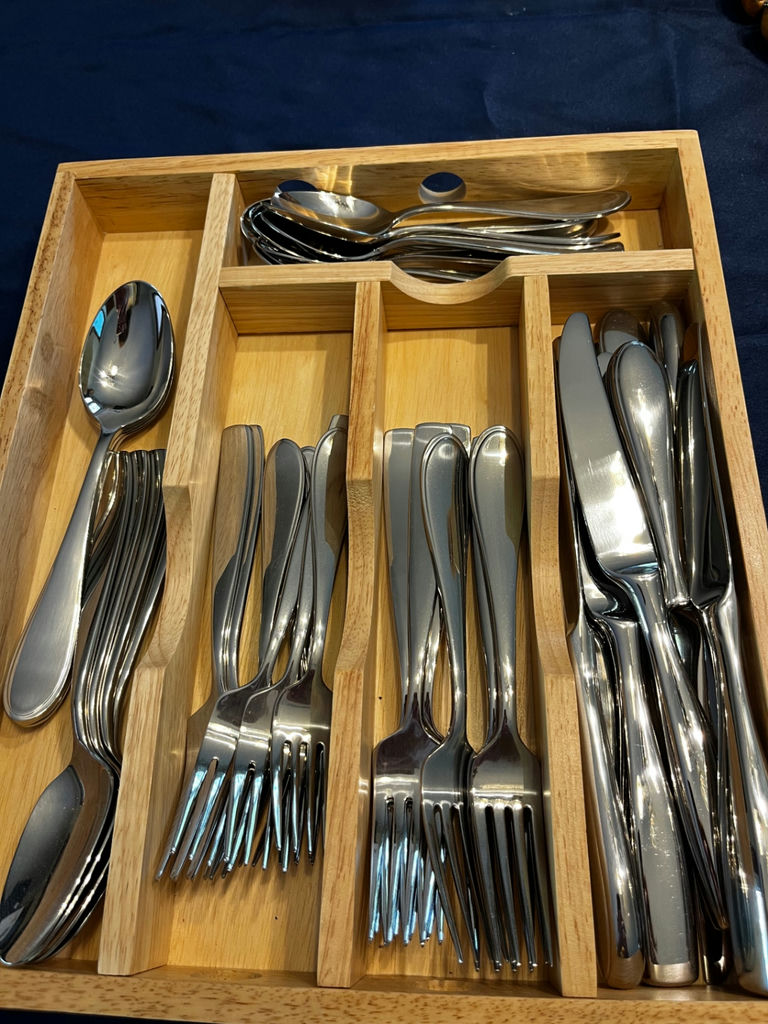 Wooden cutlery tray with forks, spoons, and knives - image 1 of 2