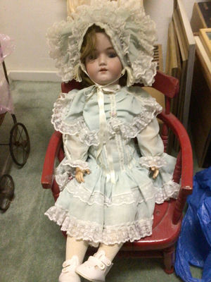 Porcelain doll in pale blue lace dress with bonnet - Image 1 of 3