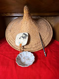 Woven Asian Hat, Decorative Fan, and Porcelain Bowl - thumbnail 1 of 5