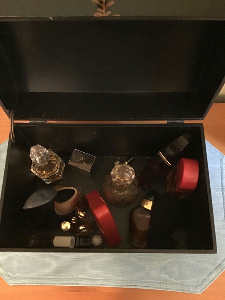 Small Decorative Floral Storage Chest with assorted women’s colognes  - image 2 of 2