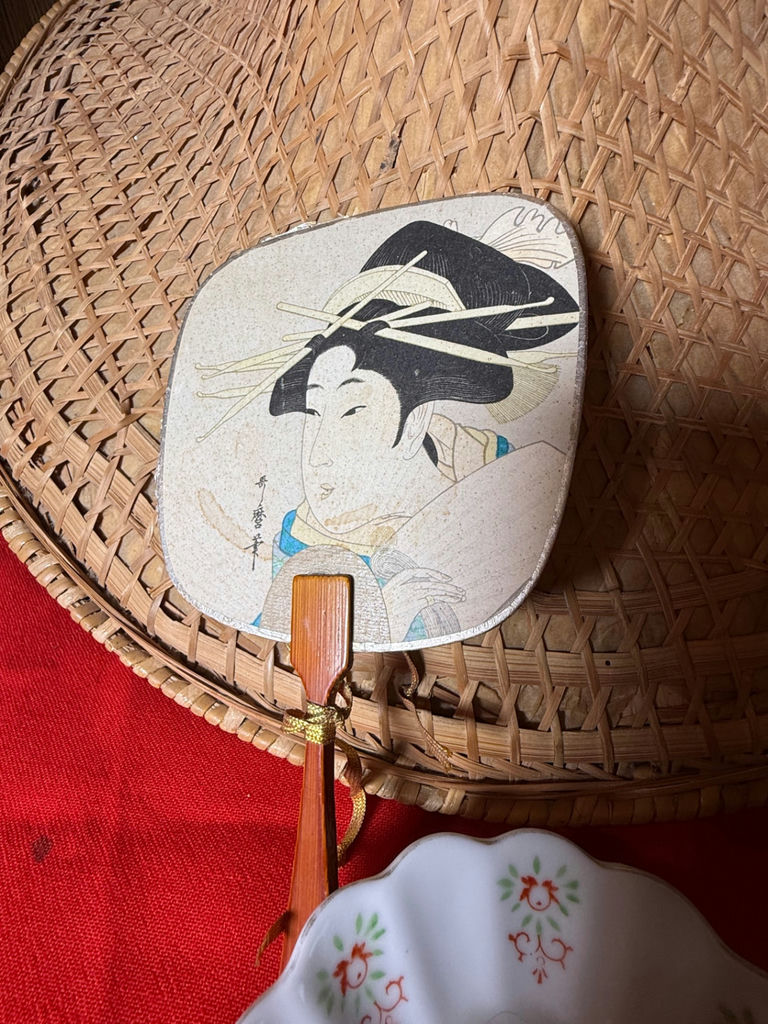 Woven Asian Hat, Decorative Fan, and Porcelain Bowl - image 2 of 5