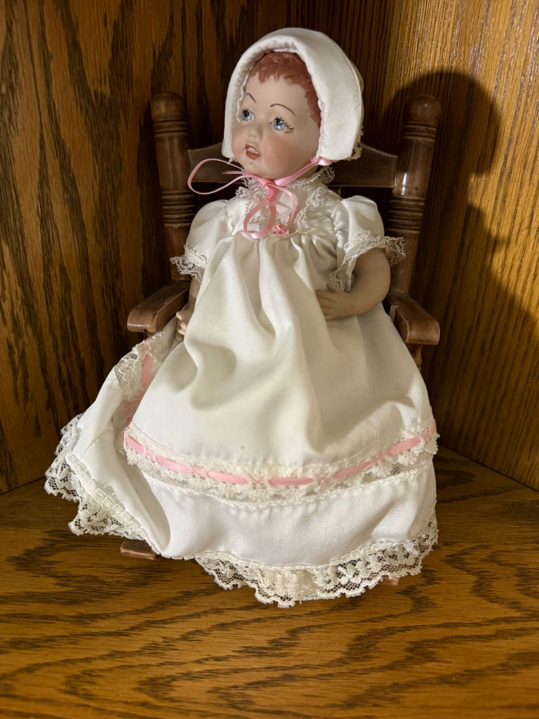 Porcelain Doll in White Dress and Bonnet - image 1 of 3