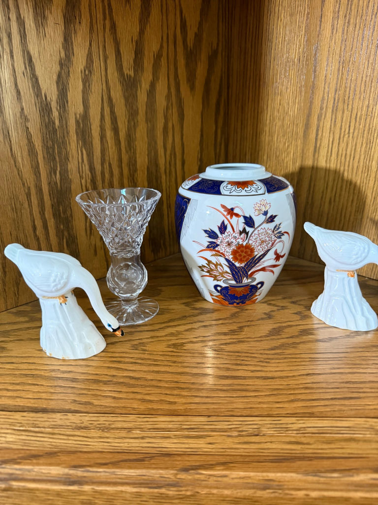 Porcelain Swan Figurines, Cut Glass Vase, and Floral Ceramic Vase - image 1 of 5