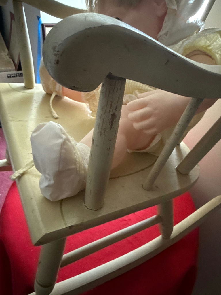 Vintage baby doll on a wooden rocking chair - image 5 of 5