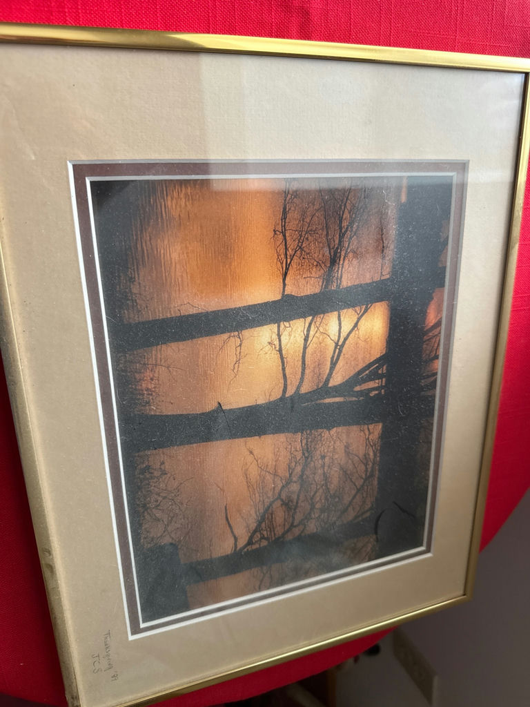 Framed landscape art with silhouetted trees and fence - image 3 of 3
