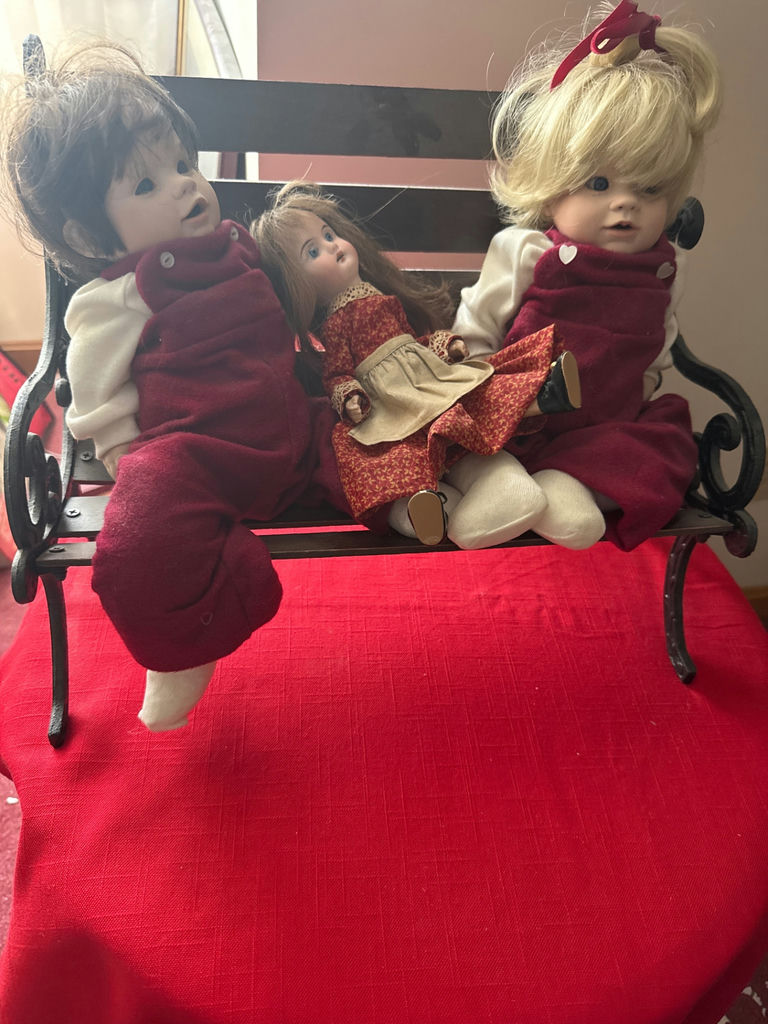 Three cloth dolls on a bench - image 2 of 6
