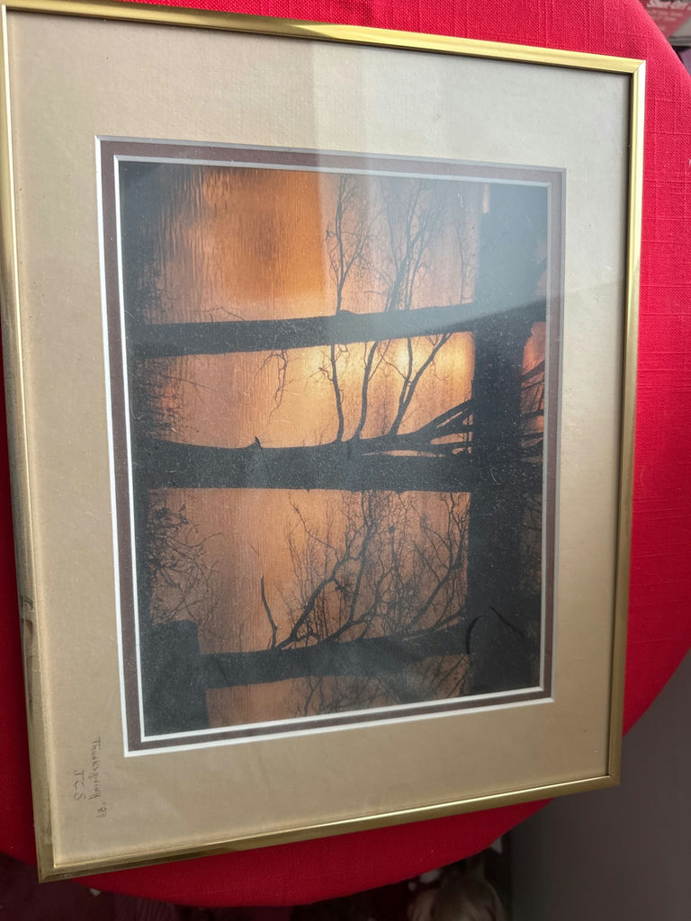 Framed landscape art with silhouetted trees and fence - image 1 of 3