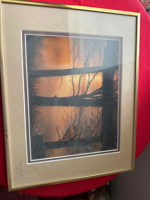 Framed landscape art with silhouetted trees and fence - Image 1 of 3