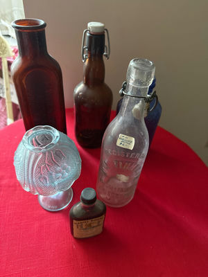 Collection of vintage glass bottles and blue etched glass ornament - Image 1 of 3