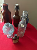 Collection of vintage glass bottles and blue etched glass ornament - thumbnail 1 of 3
