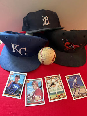 Baseball caps, Rich Gedman a signed baseball, and trading cards - Image 1 of 2