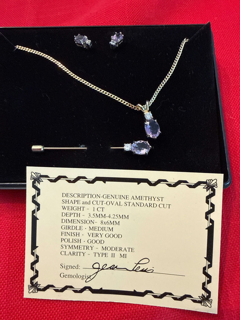 Amethyst jewelry set with necklace and earrings and stickpin - image 3 of 3