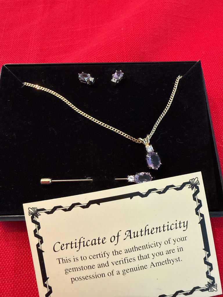 Amethyst jewelry set with necklace and earrings and stickpin - image 1 of 3