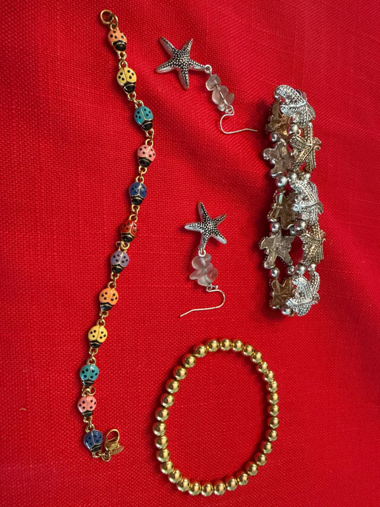 Multicolor Bead Necklace, Starfish Earrings, Nautical Charm Bracelet, and Gold Bead Bracelet - image 1 of 2