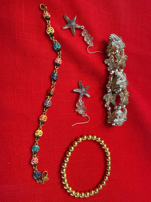 Multicolor Bead Necklace, Starfish Earrings, Nautical Charm Bracelet, and Gold Bead Bracelet - Image 1 of 2