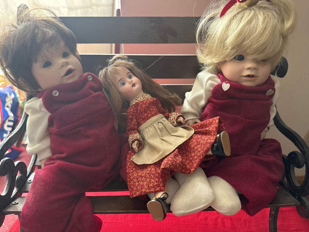 Three cloth dolls on a bench - image 3 of 6