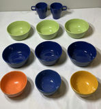 Colorful ceramic bowls with two blue mugs - thumbnail 1 of 3