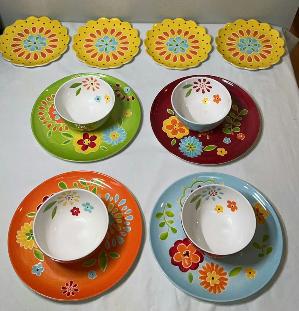 Laurie Gates floral Melamine dinnerware set with bowls, colorful plates, yellow scalloped plates, and red pedestal cups - image 1 of 6