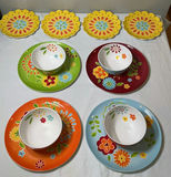 Laurie Gates floral Melamine dinnerware set with bowls, colorful plates, yellow scalloped plates, and red pedestal cups - thumbnail 1 of 6