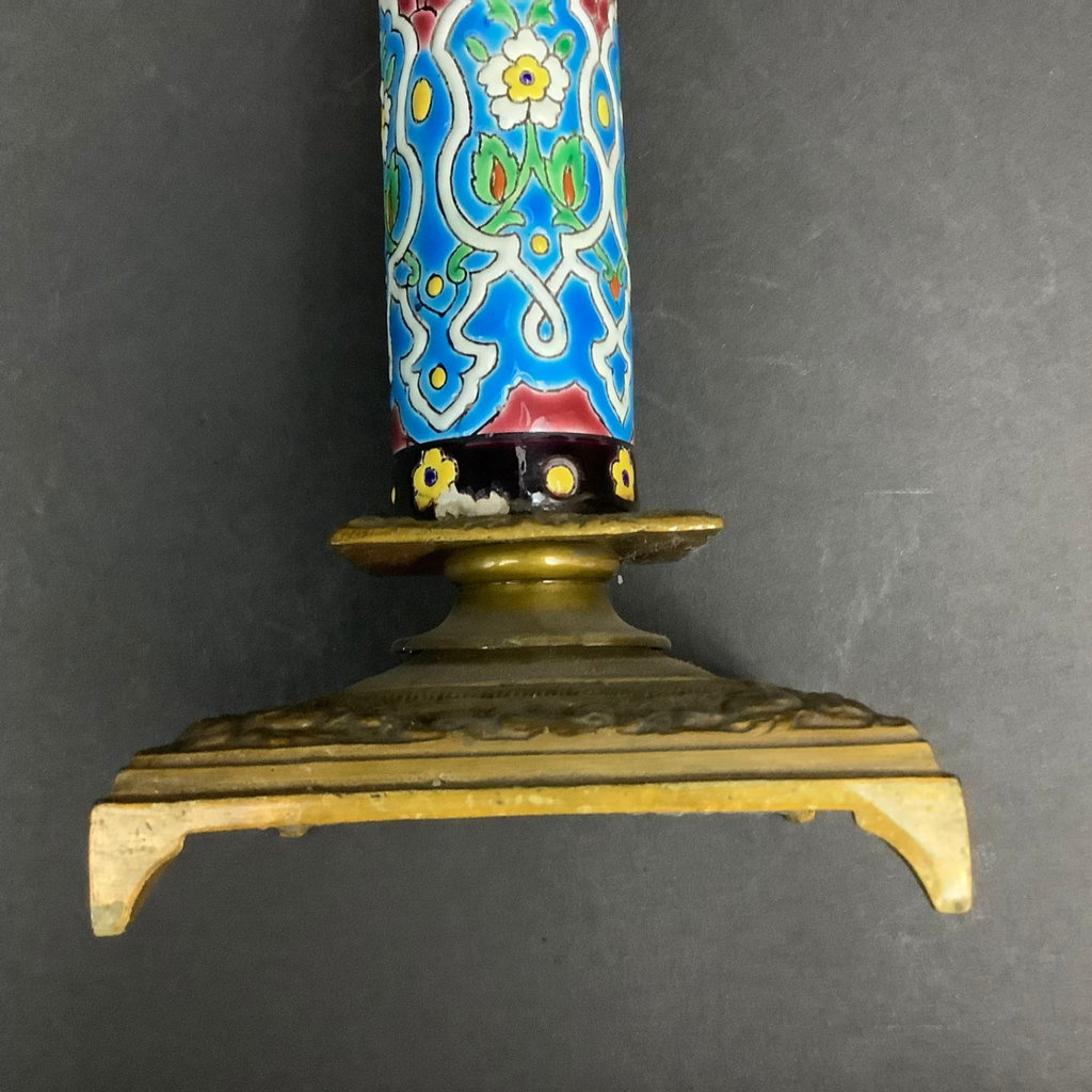 Antique Longwy Faience & Brass Candleholders  - image 3 of 7