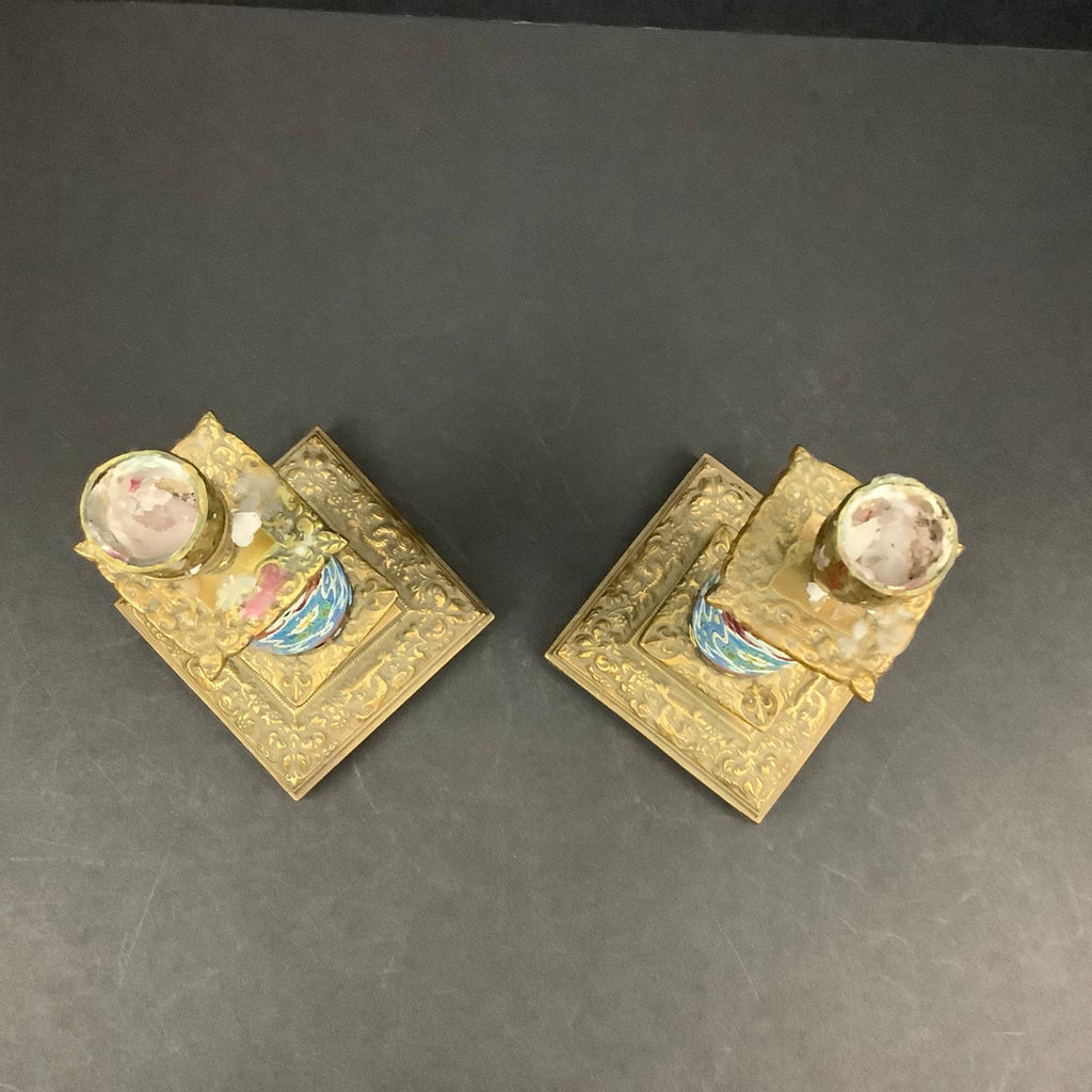 Antique Longwy Faience & Brass Candleholders  - image 5 of 7