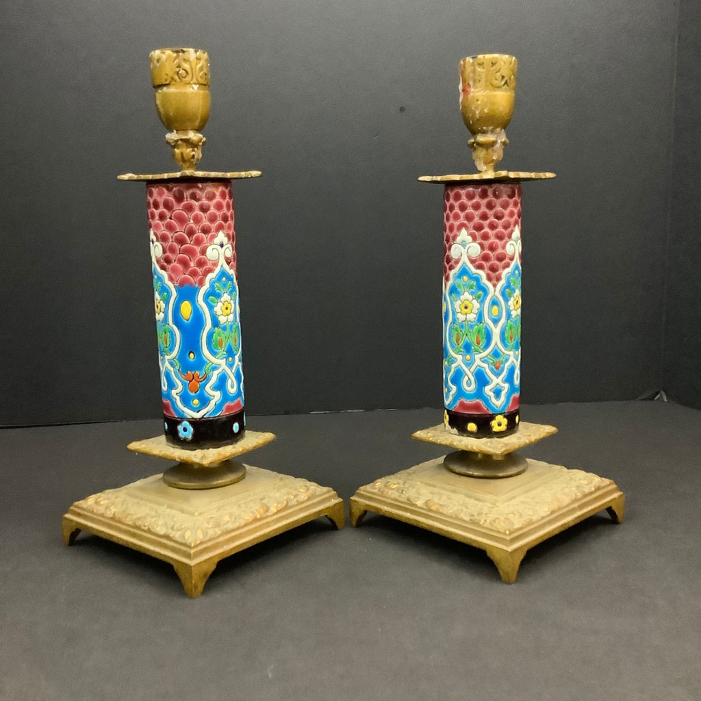 Antique Longwy Faience & Brass Candleholders  - image 1 of 7