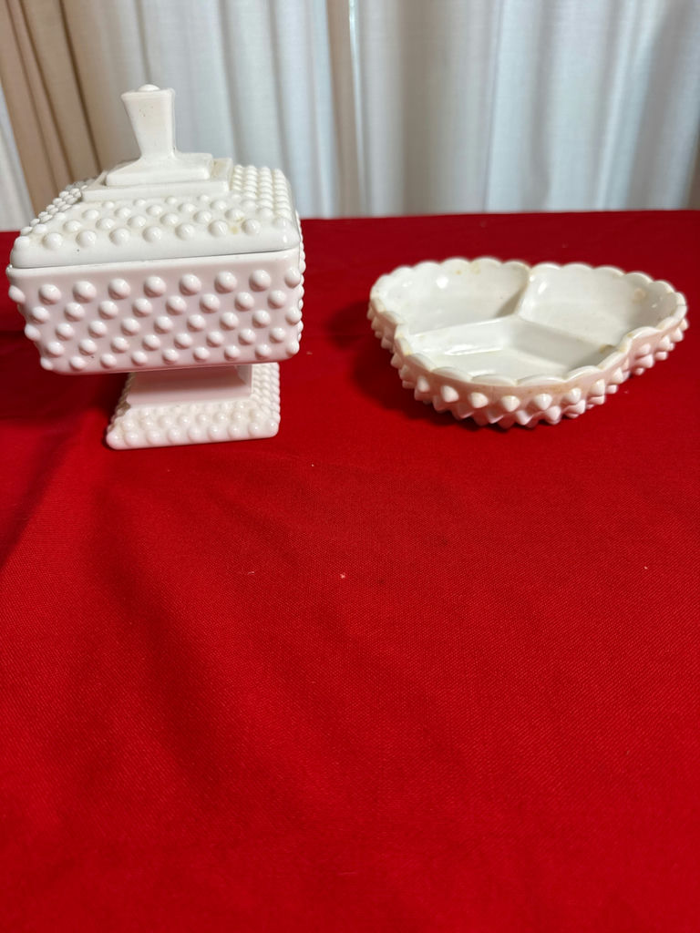 Milk glass  hobnail ceramic dish set with lidded box, and scalloped bowl - image 1 of 2