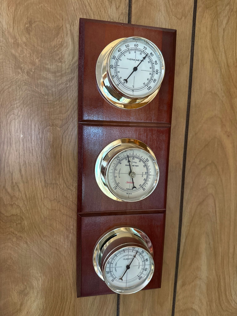 Wooden wall-mounted weather station with three gauges - image 1 of 1