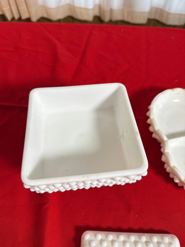 Milk glass  hobnail ceramic dish set with lidded box, and scalloped bowl - image 2 of 2