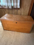 Wooden storage trunk with calculator and papers - thumbnail 1 of 2